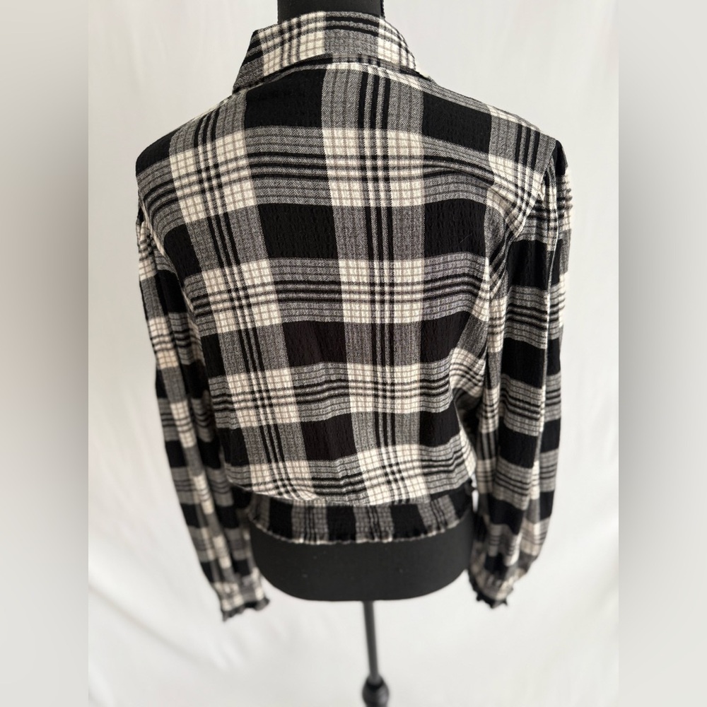 1. State Black & lvory Plaid Smocked Waist Blouse Cropped Button Front - Picture 11 of 14